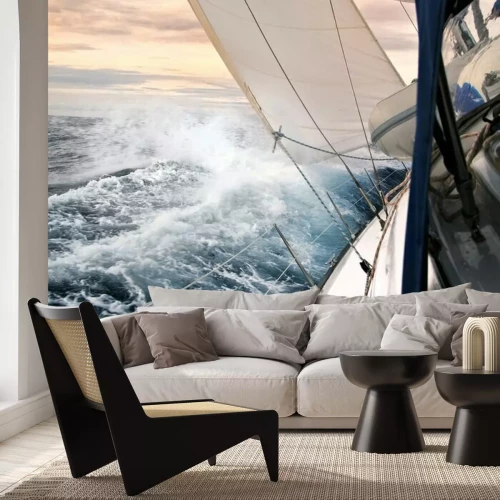 Fotobehang Zeilboot in het midden van de zee en de golven