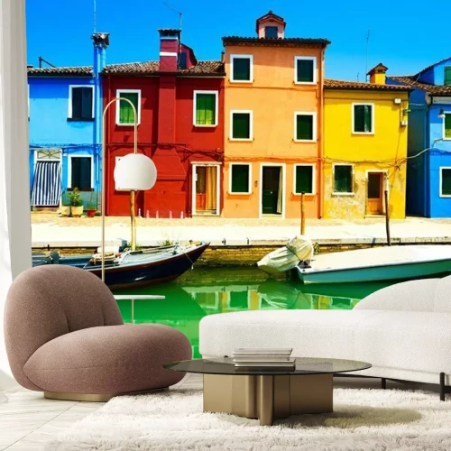 Fotobehang Venetië bezienswaardigheid, Burano eiland kanaal, kleurrijke huizen en boten,