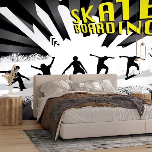 Sticker skateboarders op abstracte stad achtergrond