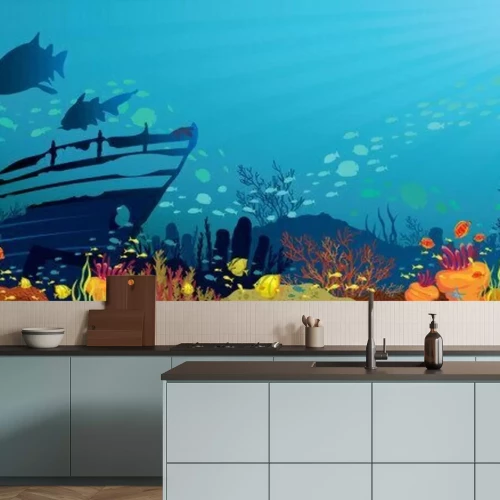 Fotobehang Grafisch panorama van een koraalrif in de oceaan