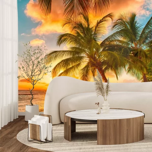 Fotobehang Palmbomen bij zonsondergang op het tropische landschap van het eiland Barbados