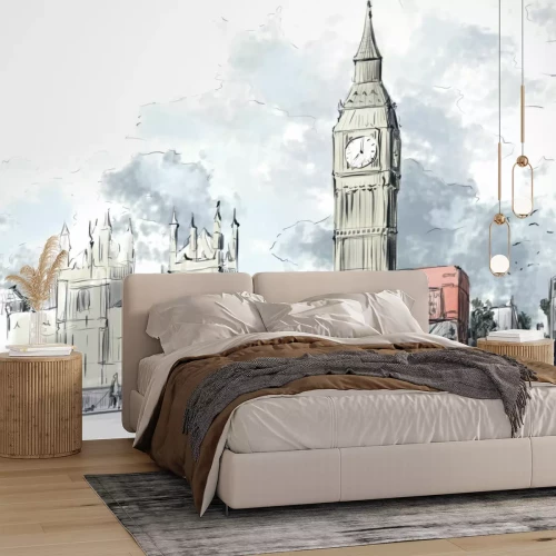 Fotobehang Big Ben en rode bussen in een kleurrijke schets