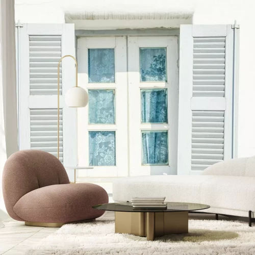 Fotobehang Wit raam met traditionele Griekse luiken