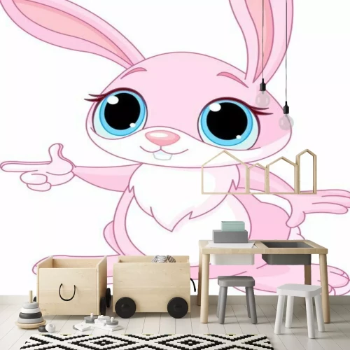 Sticker Roze konijn met blauwe ogen die met zijn vinger wijst