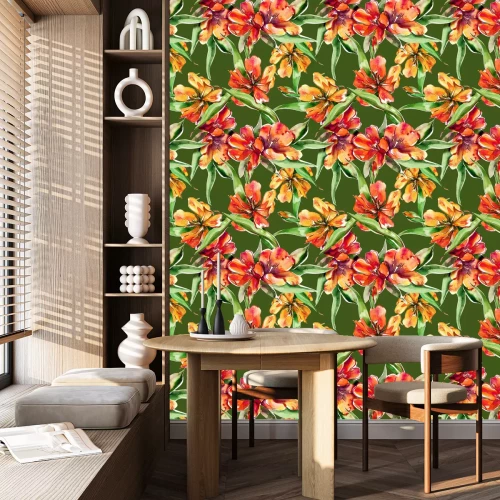 Behang Bloeiende tulpen op groene achtergrond