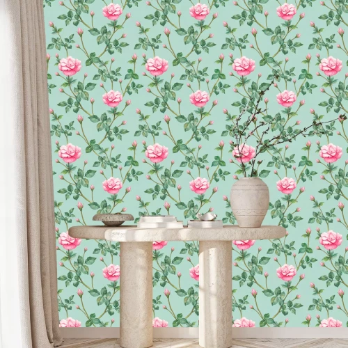 Behang Roze bloemknoppen op een zachte groene achtergrond