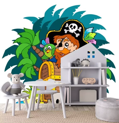 Sticker Piraat met schatkist kinderillustratie