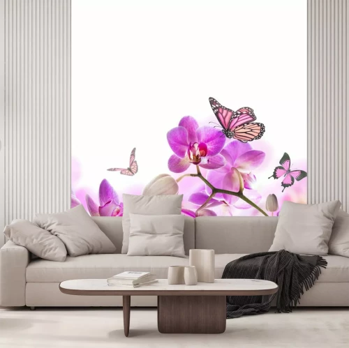 Fotobehang Paarse orchideeënbloemen en vlinders