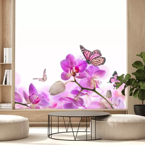 Sticker Paarse orchideeënbloemen en vlinders