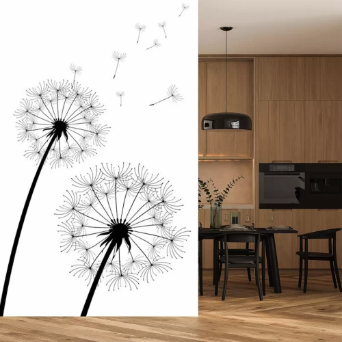 Fotobehang Zwart-witte paardenbloemen en kleine zaadjes