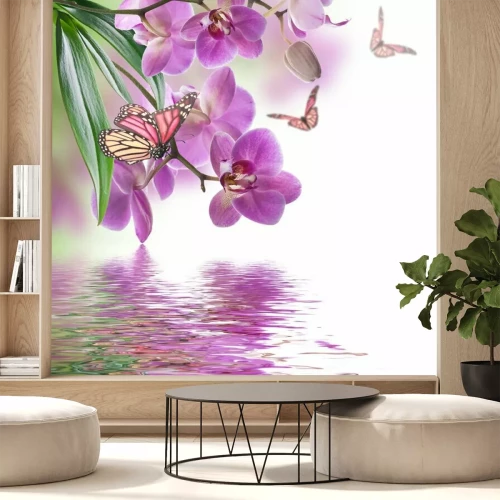Fotobehang Orchideeën met bladeren en vlinders boven het oppervlak van kalm water