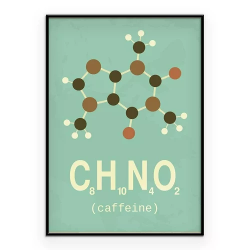 Poster Cafeïnemolecuul met chemische formule op de achtergrond
