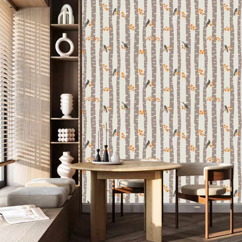 Behang Bomen en vogels in het herfstbos