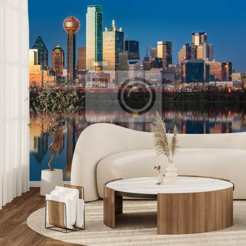 Fotobehang Wolkenkrabbers van Dallas weerspiegeld in de rivier