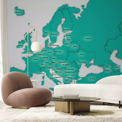 Sticker 3D-kaart van Europa met hoofdsteden in turkoois