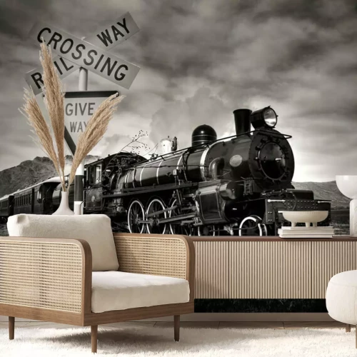 Fotobehang Retro-trein bij een spoorwegovergang
