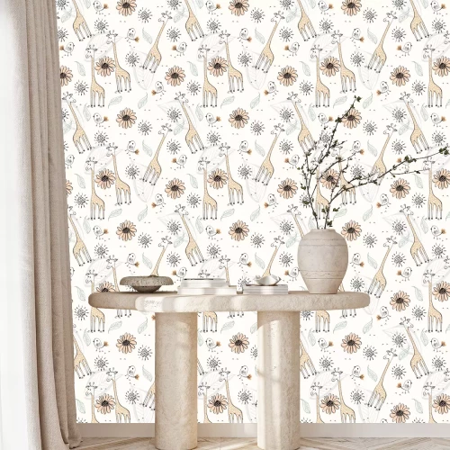 Behang Geschilderde giraffen vogels en bladeren