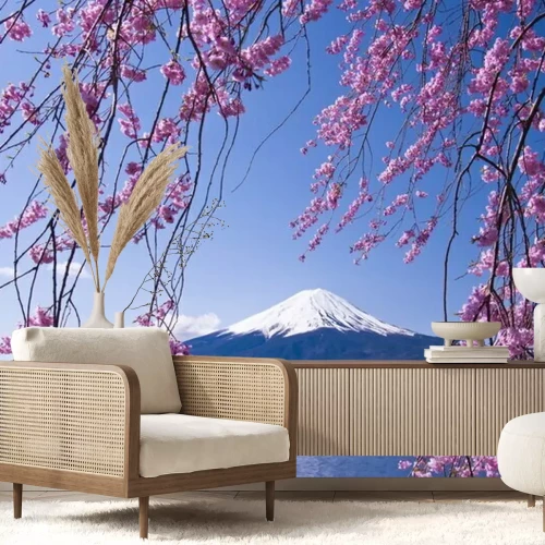 Fotobehang Kersenboom en de berg Fuji