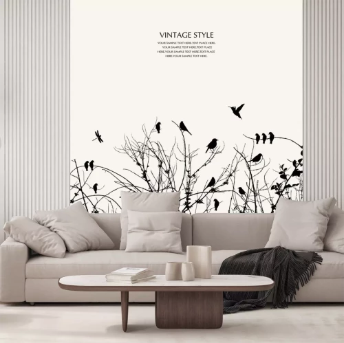Sticker Silhouetten van struiken en vogels op een witte achtergrond