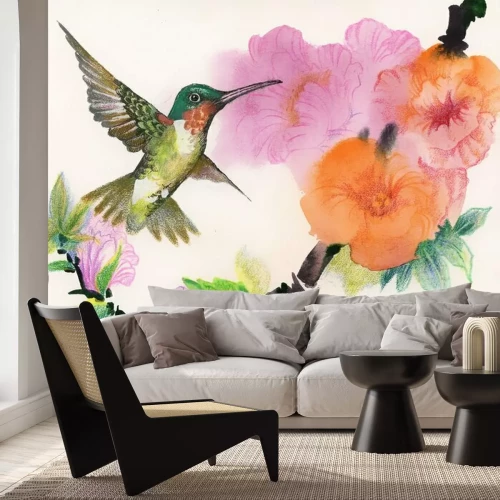 Fotobehang Vogel die naar bloemen vliegt