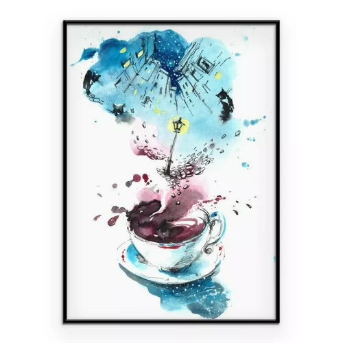 Poster Een kopje koffie met uitzicht over de stad.