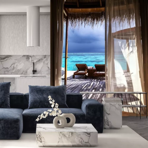 Fotobehang Uitzicht vanuit het raam op de blauwe oceaan