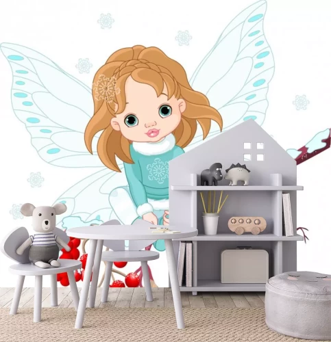 Sticker Een fee zittend op een besneeuwde lijsterbessentak