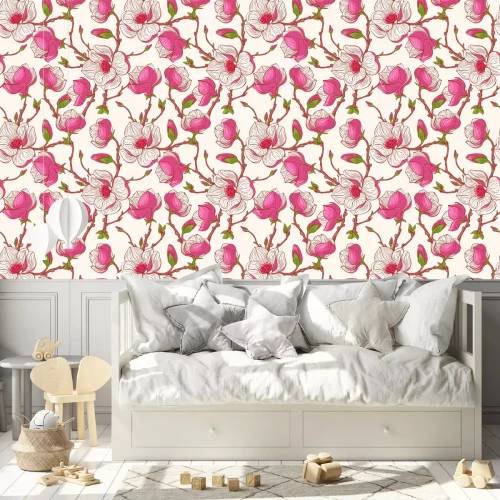 Behang Grafisch patroon met magnolia's