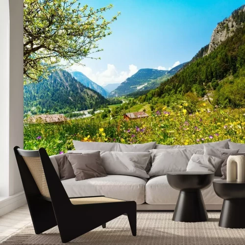 Fotobehang Bergweide en uitzicht