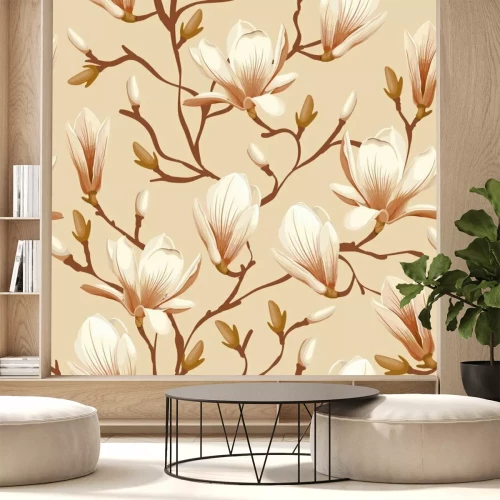 Fotobehang Beige magnolia takken in een geïllustreerde stijl