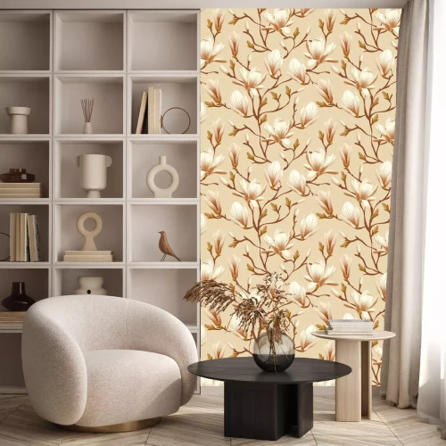 Behang Beige magnolia takken in een geïllustreerde stijl