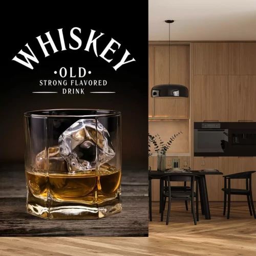 Fotobehang Glazen whisky op houten achtergrond.