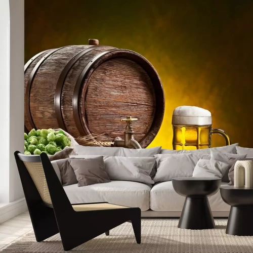 Fotobehang Een mok, een vat, hop en tarweoren