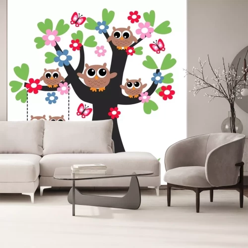 Sticker Babyuilen op een bloeiende boom