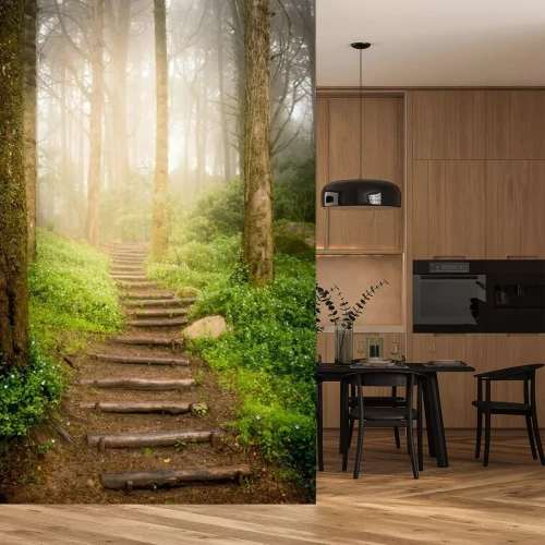 Fotobehang Trap omhoog heuvel in het bos in de richting van zonsondergang