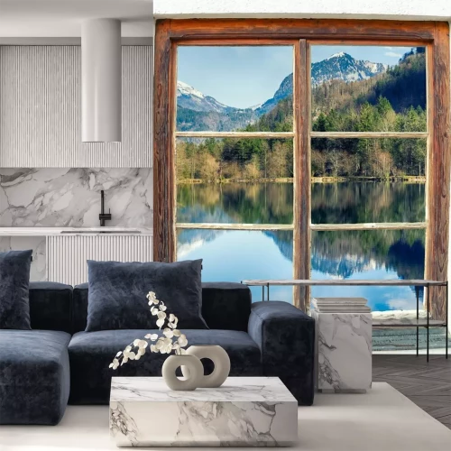 Fotobehang Uitzicht door het raam op een bergmeer