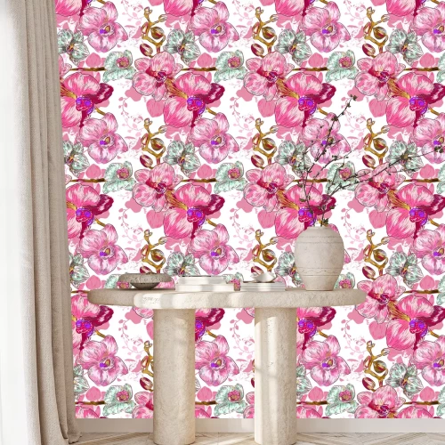 Behang Roze patroon met orchideeën