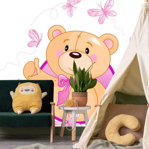 Sticker Een blozende teddybeer met een roze strik