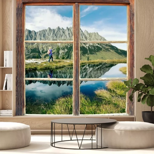 Fotobehang Uitzicht vanuit het raam op de bergen en een toerist