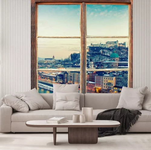 Fotobehang Uitzicht vanuit het raam op de stad op de heuvel