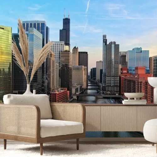 Fotobehang Kleurrijke wolkenkrabbers aan de rivier