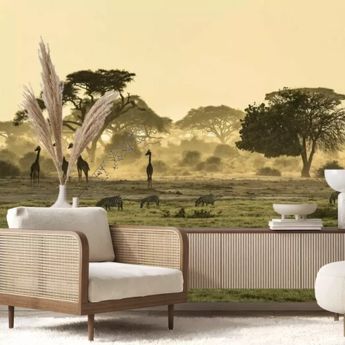 Fotobehang Giraffen en zebra's in de savanne