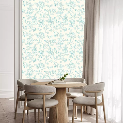 Behang Blauw motief met roos en bladeren