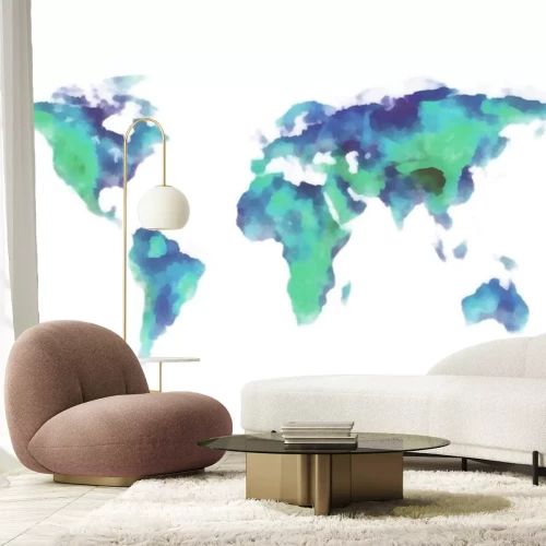 Sticker blauwe en groene kaart van de wereld, aquarel