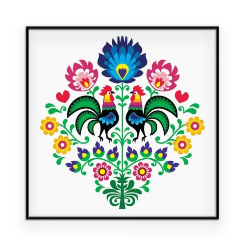 Poster Folkloristische afbeeldingen met hanen en bloemen.