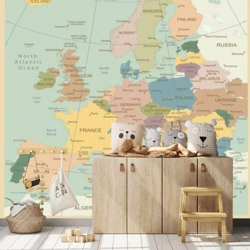 Fotobehang Gedetailleerde politieke kaart van Europa in het Engels