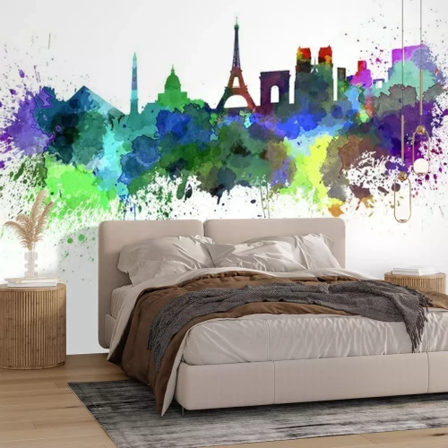 Fotobehang Een kleurrijke aquarel van Parijse gebouwen.