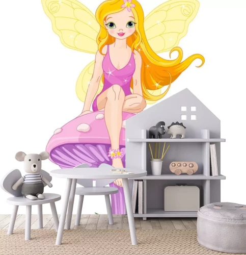 Sticker Een langharige fee zittend op een paarse paddenstoel