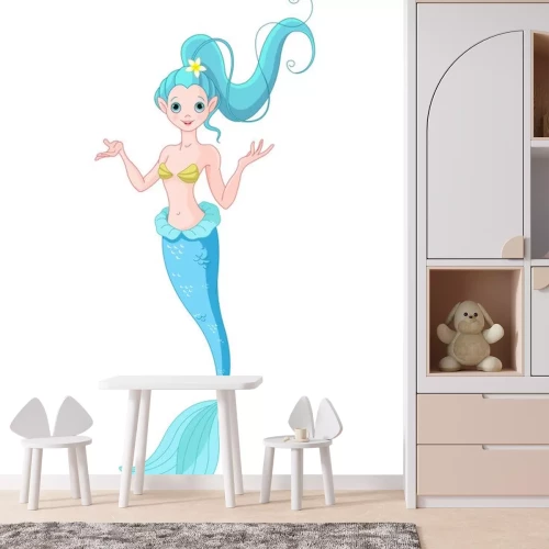 Sticker Een blauwharige zeemeermin met een paardenstaart vastgebonden met een bloem