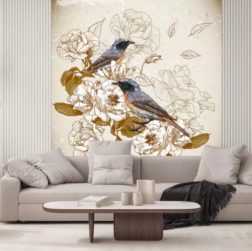 Sticker Vogels en bloemen in retrostijl